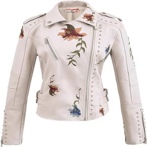 Women's Embroidered Leather Jacket Daim Moto Floral Coat